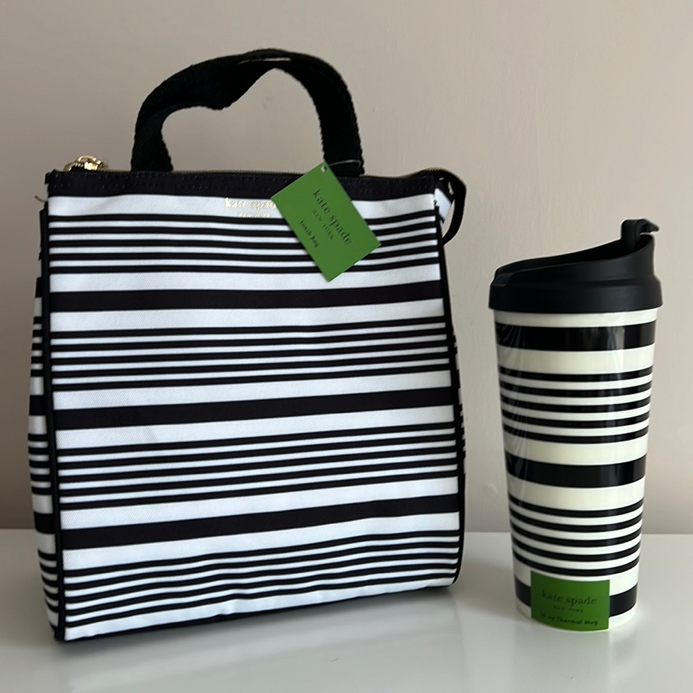 Kate Spade New York Black Stripe Lunch bag and Thermal mug set